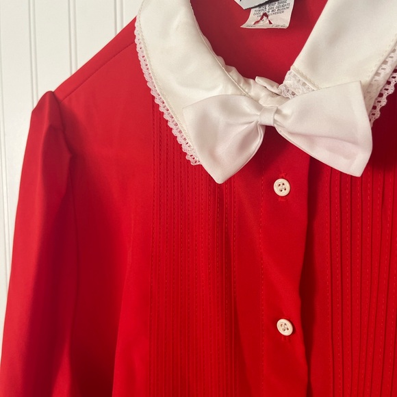 Vintage Red Blouse Bow Tie Neck White Collar Lace Pleated Front Alice Stuart - Picture 8 of 15